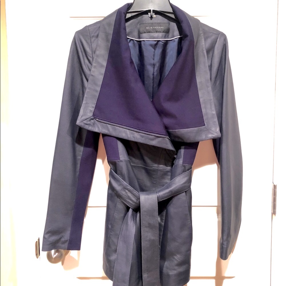 Elie Tahari Navy Leather Draped Collar Jacket